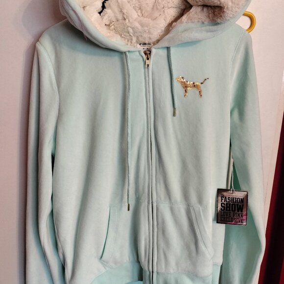 Victoria’s Secret LOVE PINK zip front velour fur lined hoodie teal sequin NWT - Picture 2 of 4